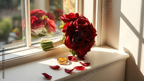 Burgundy bridal bouquet with gold wedding rings and petals on window ledge, wedding still life