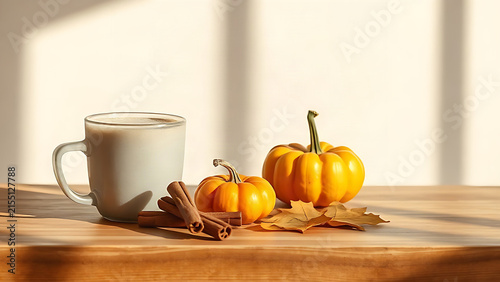 Frosted coffee cup with cinnamon sticks, pumpkins and autumn leaves on bakery counter, autumn retail display concept