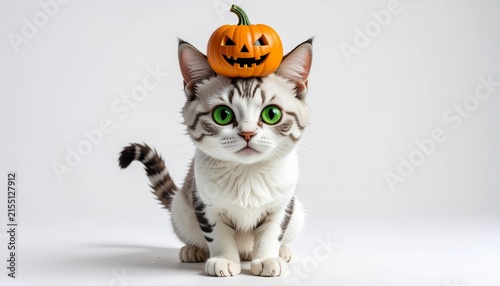 Cute tabby kitten wearing a small Halloween pumpkin on its head.
