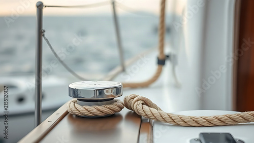 Yacht deck cleat with coiled rope, boating and maritime preparation concept