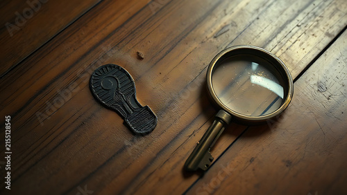 Brass key on dusty floor with shoe print and magnifying glass, mystery investigation concept