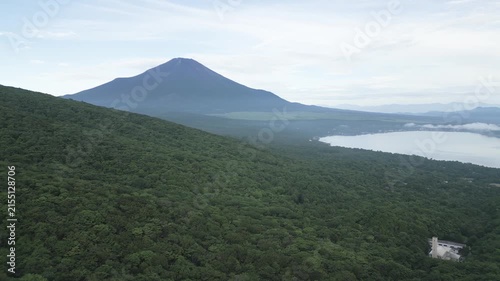 Aerial drone footage of Mount Fuji and lake Yamanaka on a summer morning, Yamanashi
