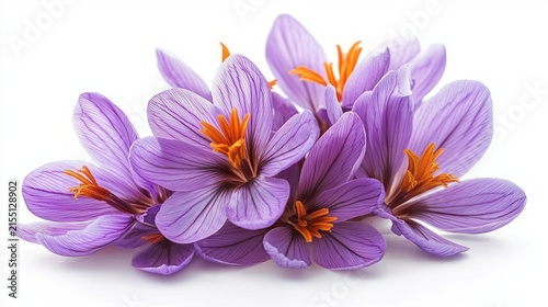 Cluster of delicate purple crocus flowers with vivid orange stigmas conveying fresh serenity and gentle joy