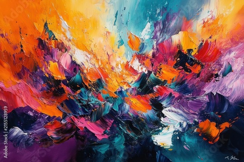 vibrant impasto abstract painting of explosive colorful palette knife strokes conveying energetic joyous motion