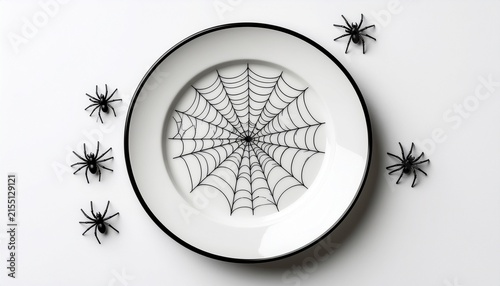 Halloween themed white plate with spider web design and plastic spiders.