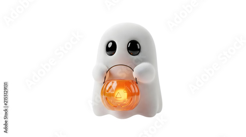 Cute white cartoon ghost holding glowing pumpkin lantern.