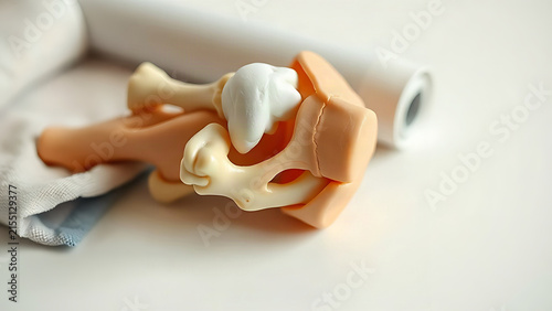 Plastic model of human knee joint with bones and ligaments on clinical table