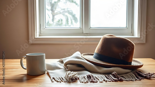 Karakul fur hat and lambswool scarf on wooden table with ceramic mug, winter travel concept