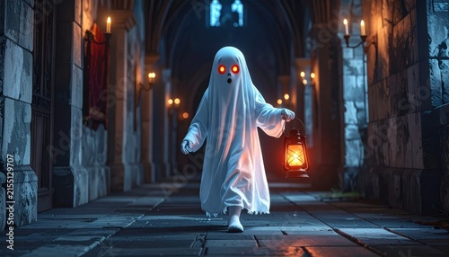 Spooky ghost in haunted hallway at night.