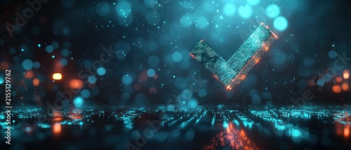 glowing cyan and orange digital checkmark hovering above a reflective circuit board with bokeh lights, conveying futuristic validation and approval