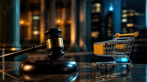 Gavel and Miniature Shopping Cart on Courtroom Bench at Night