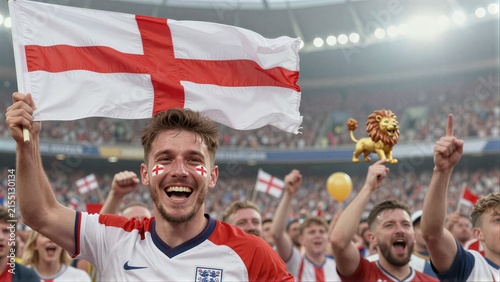 England fans cheer wildly, waving flags and lion figurines at a stadium.