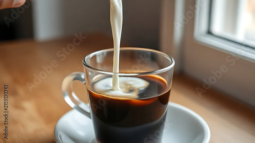Black coffee with milk swirls in glass tumbler on saucer, coffee pouring concept