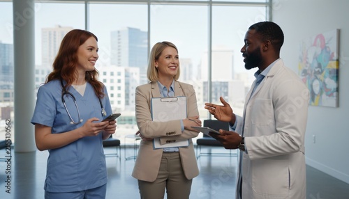 Diverse Healthcare Team Discussing Patient Care in Modern Hospital Lobby with City View