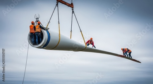 Workers guide enormous wind turbine blade being lifted into place by crane during construction