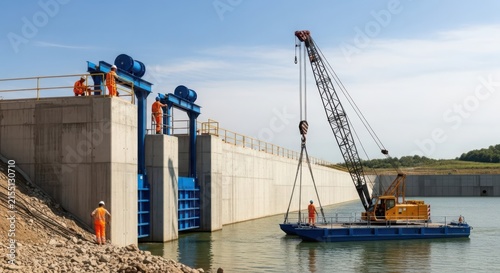 Workers and heavy machinery install spillway gates on large dam infrastructure project