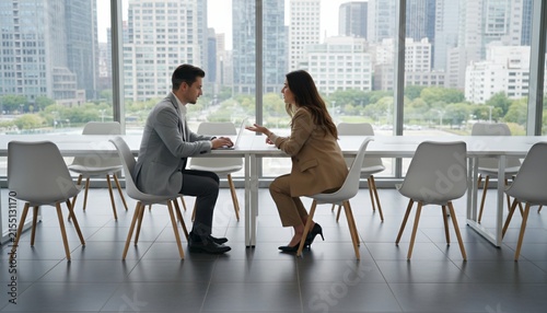 Two Business Professionals Discussing Strategy at a Modern Office Meeting Table with City Skyline View