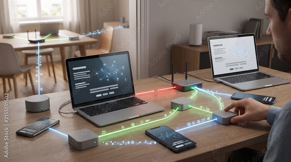 Naklejka premium Smart home hub configuration and data flow visualization showing a person connecting devices with glowing optical cables