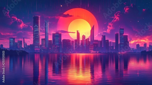 Neon city skyline at sunset with giant glowing sun, reflective waterfront, silhouetted skyscrapers, vibrant pink and purple clouds and rain-like light streaks, dreamy futuristic mood