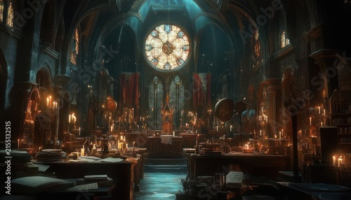 Candlelit gothic cathedral interior transformed into an ancient library with rows of wooden desks, books, manuscripts, globes, lecterns and a stained glass rose window, evoking solemn mystery