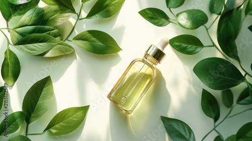 glass dropper bottle of golden facial oil on white surface surrounded by green leaves with soft sunlight and a calm natural spa mood