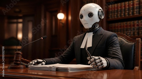 Robotic Judge in Courtroom Setting with Gavel and Documents