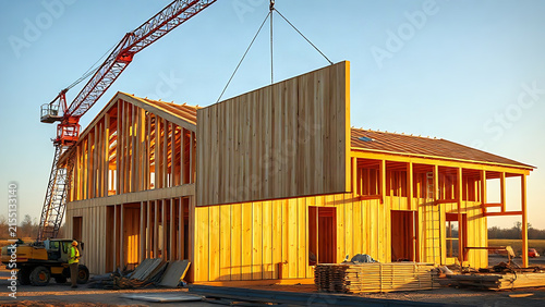 Obraz na płótnie Construction crane lifting wooden wall panel on timber frame building, building process concept