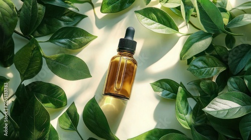 sunlit amber dropper bottle on pale surface surrounded by lush green leaves conveying calm natural wellness and botanical skincare mood