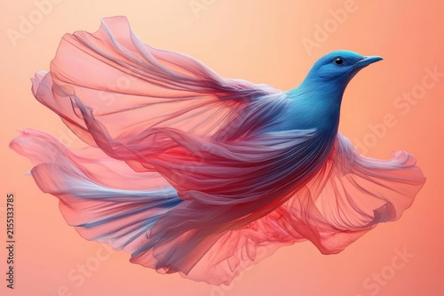 serene blue bird with flowing translucent pink fabric-like wings soaring in soft peach light