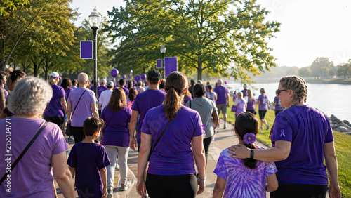 A diverse group of people of various ages walking together outdoors wearing purple shirts and ribbons. World Alzheimer's Month community walk concept.