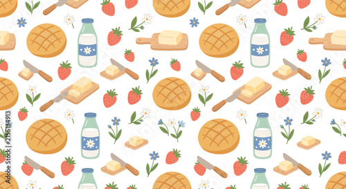 Cute Food Pattern with Strawberry, Bread, and Butter