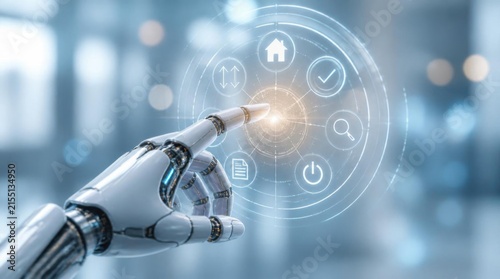 Futuristic Robotic Hand Pointing at Digital Interface Circles
