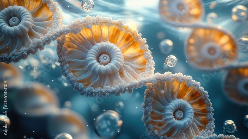 Ethereal underwater double helix of nautilus-like spiral shells linked by crystalline beads, glowing with warm golden light amid floating bubbles, serene and mysterious wonder