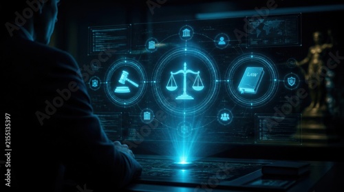 Futuristic Legal Analytics Screen with Scales Icon and Gavel