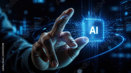 Futuristic Hand Touching Ai Cube in Blue Digital Network