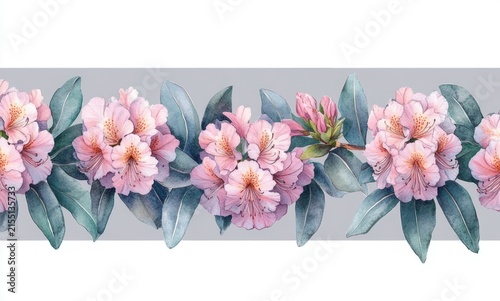 delicate watercolor pink rhododendron blossoms and green leaves in a horizontal floral border on a soft gray stripe, tranquil and romantic