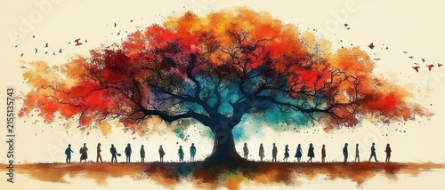 Vibrant multicolor tree with sprawling branches above a procession of silhouetted walkers, birds in flight and soft mirrored reflection evoking a contemplative journey