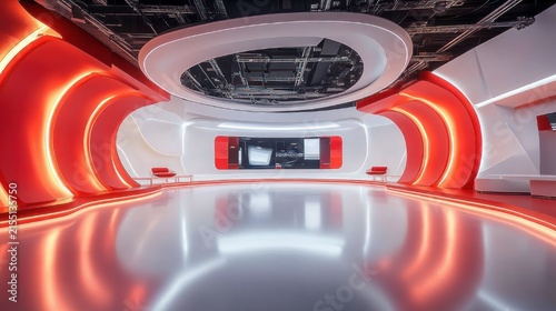 futuristic empty broadcast studio with curved red and white walls, circular ceiling ring, glossy reflective floor, large central display and sleek energetic atmosphere