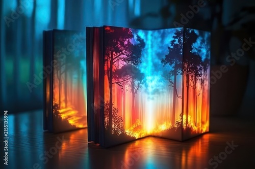 Open illuminated book on a wooden table displaying a glowing forest of silhouetted trees in blue and orange light, reflecting on the surface and evoking wonder and enchantment