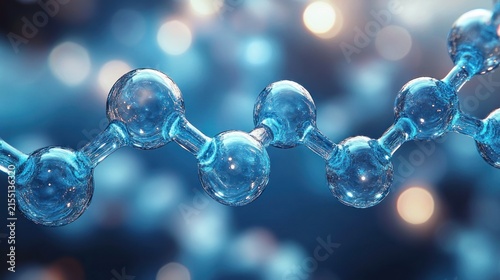 Glowing blue molecular chain of connected glass-like spheres and bonds against soft bokeh lights, evoking futuristic scientific precision and calm