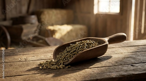A rustic wooden scoop filled with high-quality alfalfa pellet livestock feed rests on an old weathered barn table with soft natural light streaming in