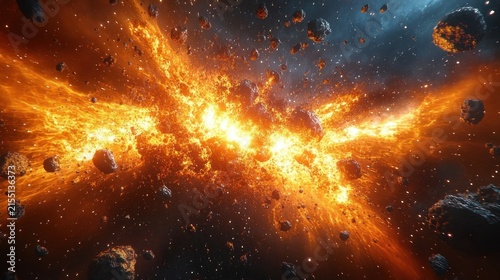 Fiery cosmic explosion tearing through deep space, glowing plasma and streaming molten debris amid countless asteroids and distant stars, intense chaotic energy
