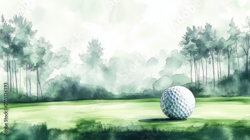 solitary golf ball on a misty putting green with tall trees and soft morning light, tranquil watercolor landscape