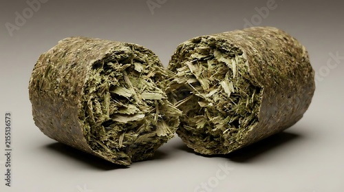 A close-up view of an alfalfa pellet broken into two pieces against a solid grey background illustrating high-quality animal feed or forage material