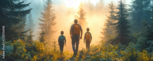Three hikers with backpacks walking along a sunlit misty pine forest trail at sunrise, warm golden glow and a sense of wonder and togetherness