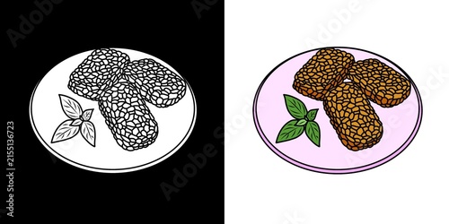 Obraz na płótnie Outline and colored drawing of tempeh on a plate.