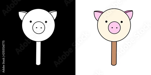 Foto Outline and colored drawing of a pig-shaped ice pop on a stick.
