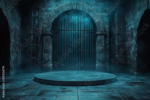 empty circular stone pedestal in a foggy medieval stone chamber with arched doorway and heavy iron gate bathed in eerie blue light