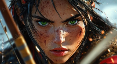 close-up of a battle-worn young female warrior with fierce green eyes, dirt and blood on her face, windblown dark hair, bow and arrow in foreground, determined intensity