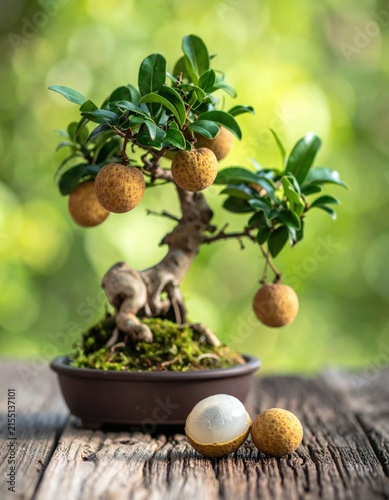 Bonsai tree with ripe loquat fruits.